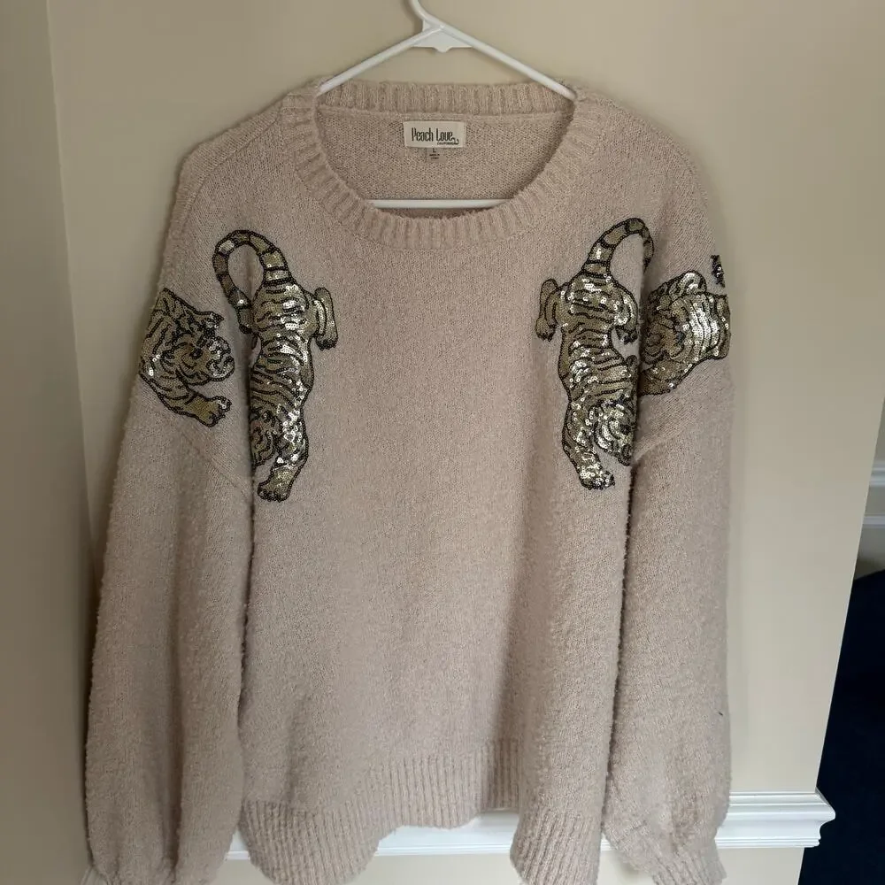 Peach Love Oatmeal Sequin Tiger Matted Sweater Pullover Preppy Bubble Sleeve - Picture 5 of 13